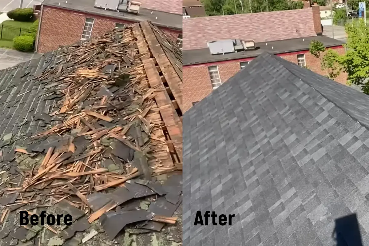 Roof repair before and after by our crew